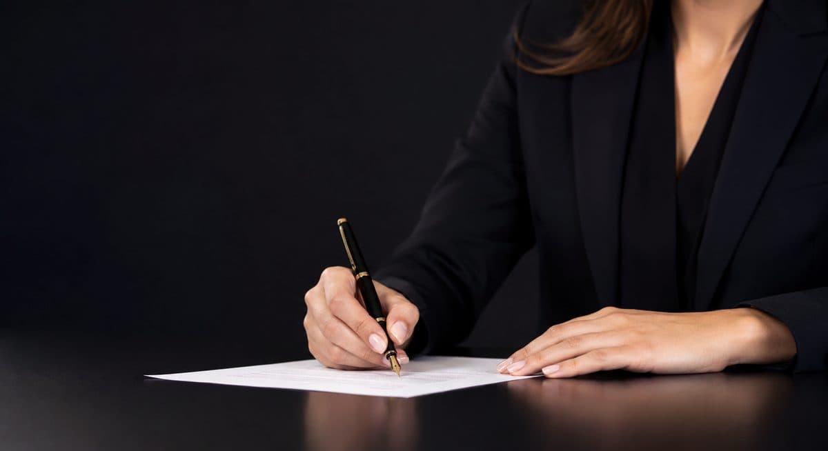 Maître Elodie Hackin, Huissier de Justice à Wavre, lors de la signature d'un acte